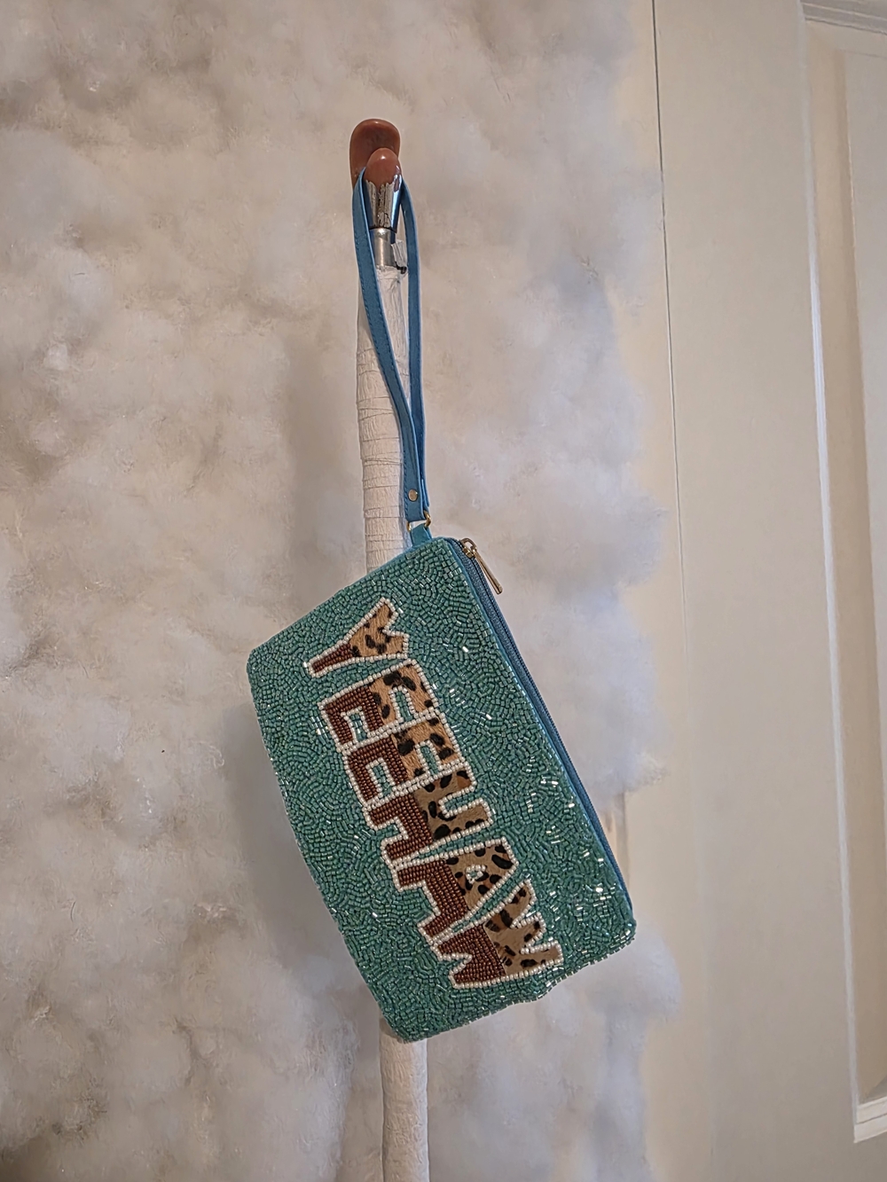Beaded Teal Wristlet Clutch- Leopard YEEHAW